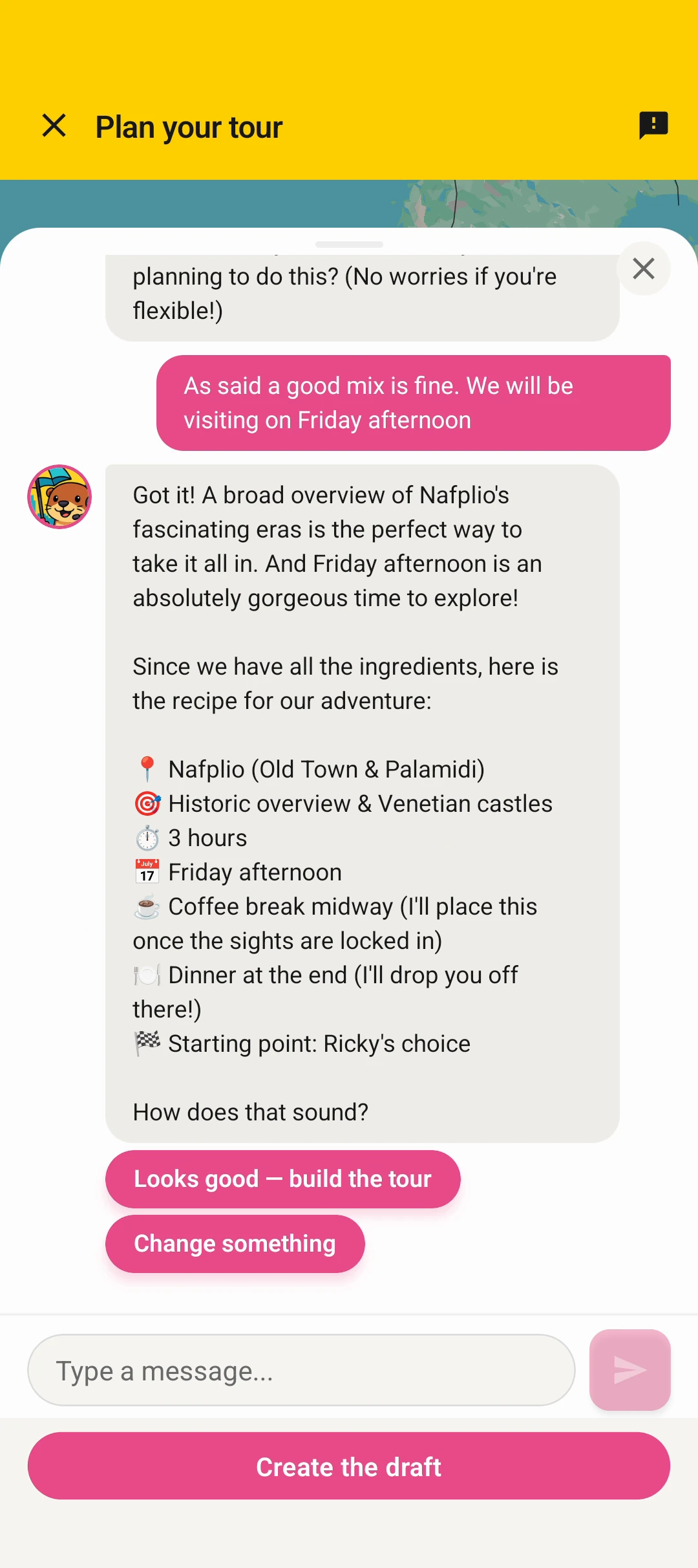 A conversation with Ricky planning a half-day tour, ending in Looks good and Change something choices.