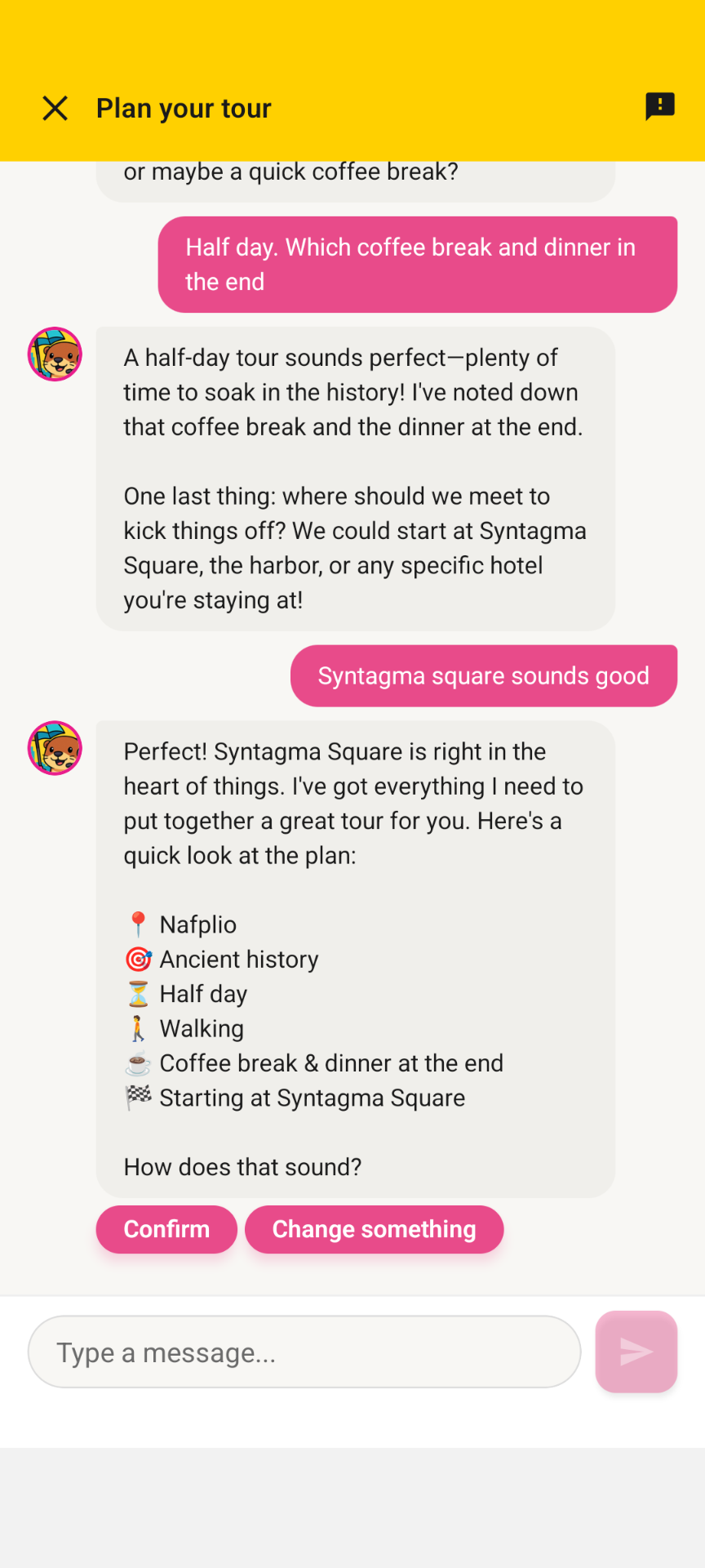 A conversation with Ricky planning a half-day tour, ending in Confirm and Change something choices.