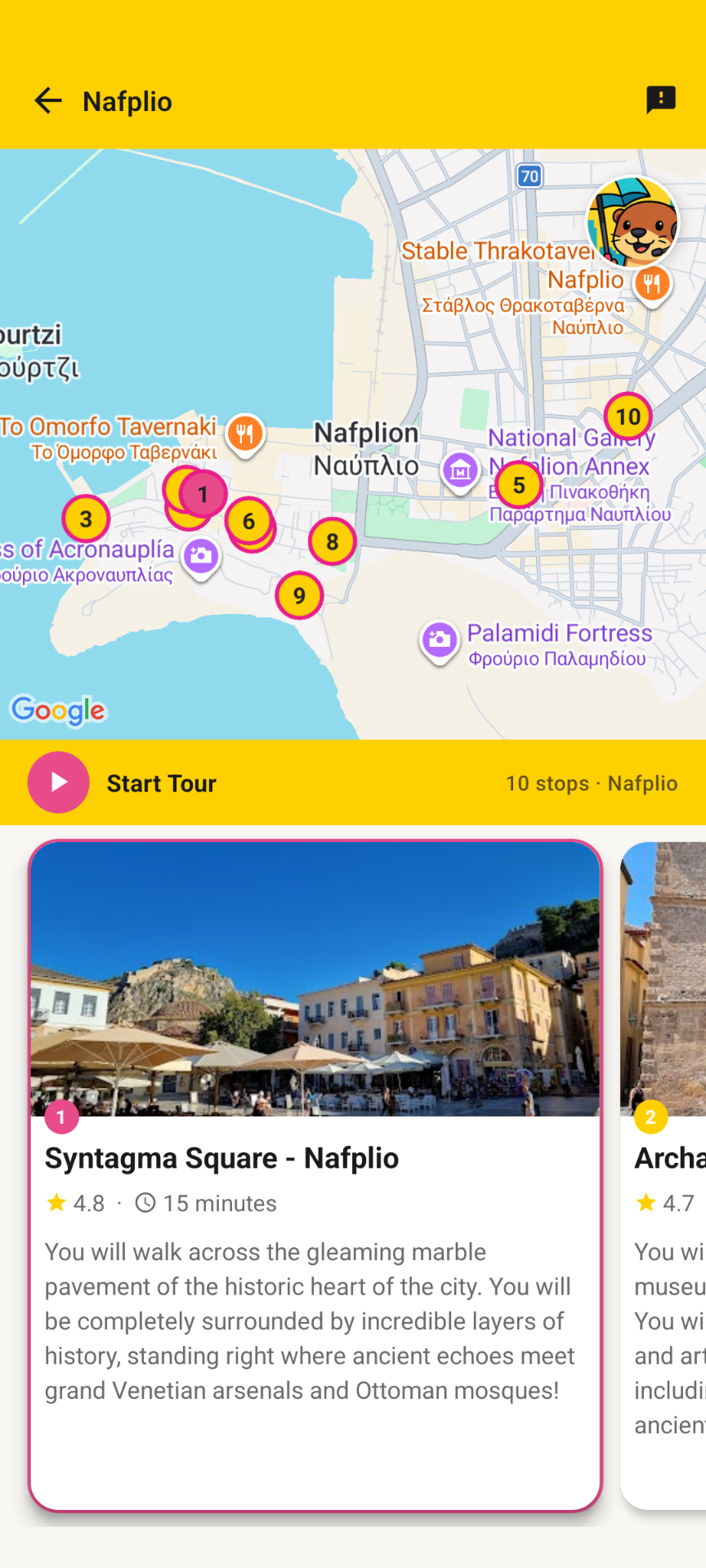Map of an old town with numbered stops along a tour route.