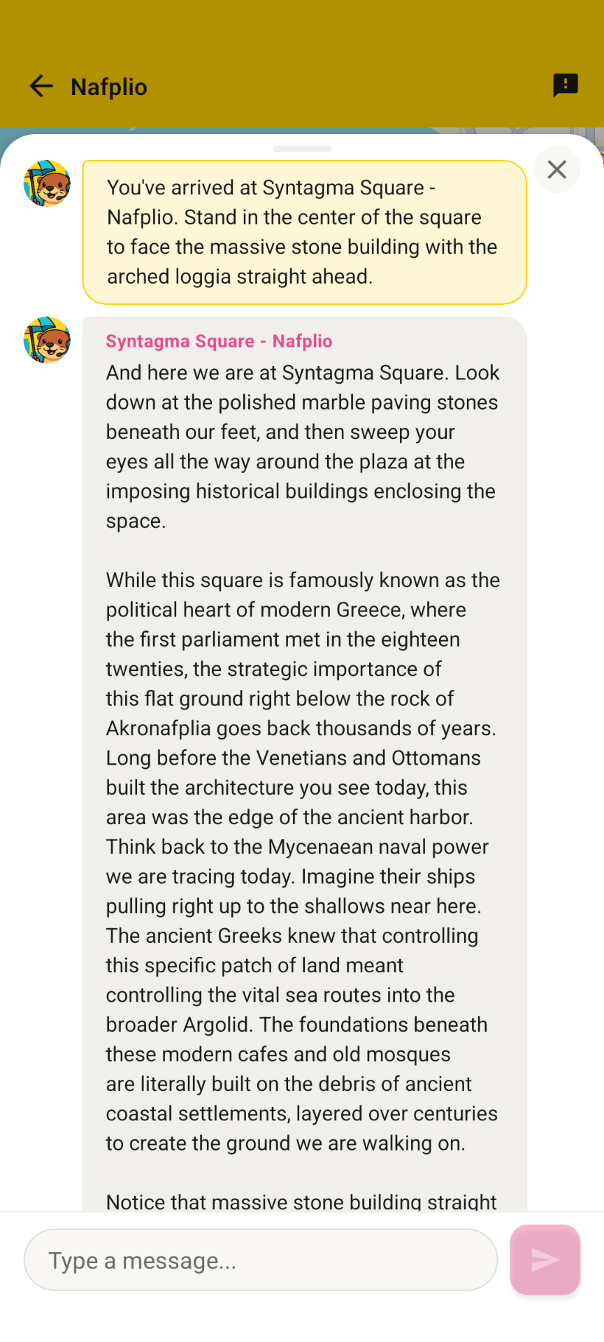 Ricky narrating Syntagma Square — Mycenaean ships, Venetian arsenals, Ottoman mosques layered into the place.